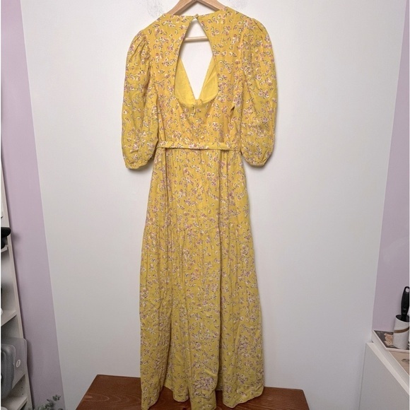 Nicholas Celie Midi Dress Hastings Floral Yellow Linen Dress Cottagecore - Picture 10 of 16